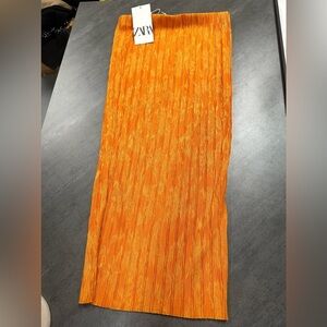 NWT Zara Midi Pleated Crinkle Bright Orange Long Skirt